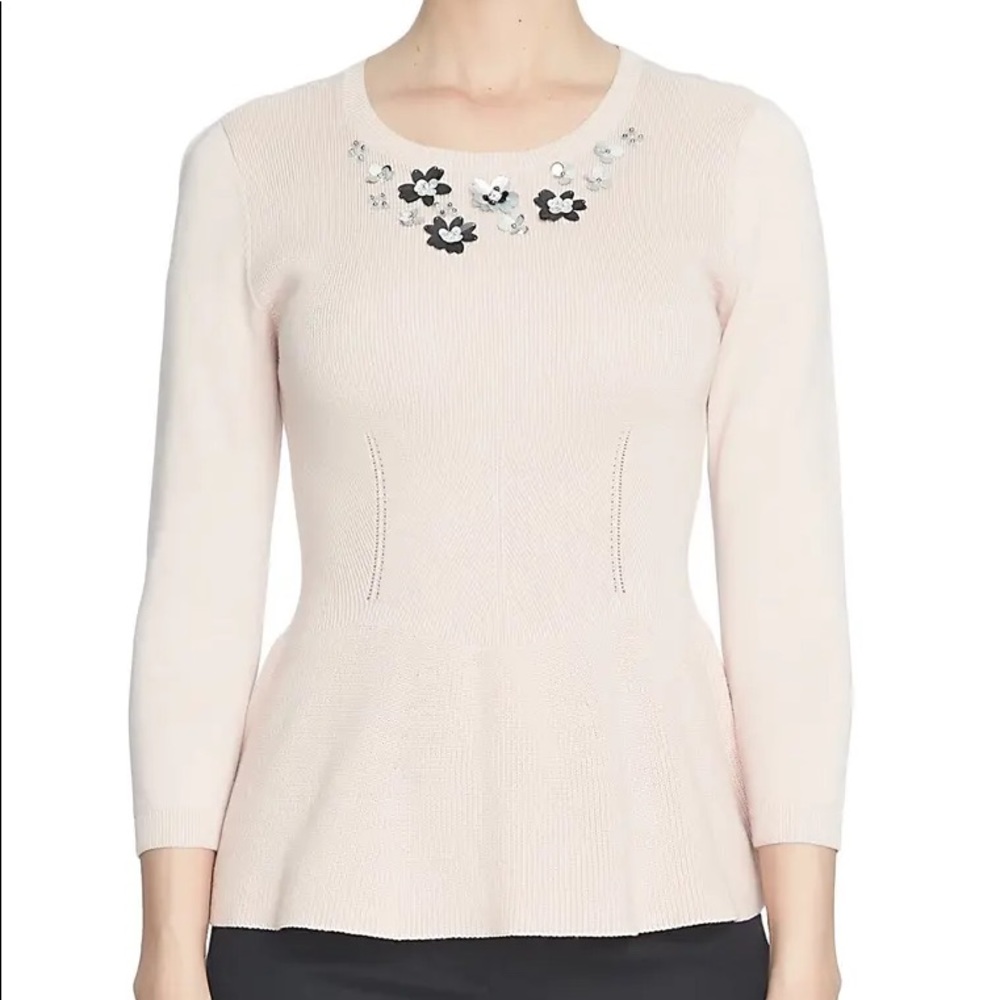 CeCe Floral Embellished Peplum Sweater